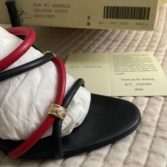 St. John leather mules strappy calypso navy red gold monogram - Picture 16 of 16